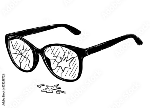 Glasses with broken glasses, sketch graphic icon. Cracked glass.