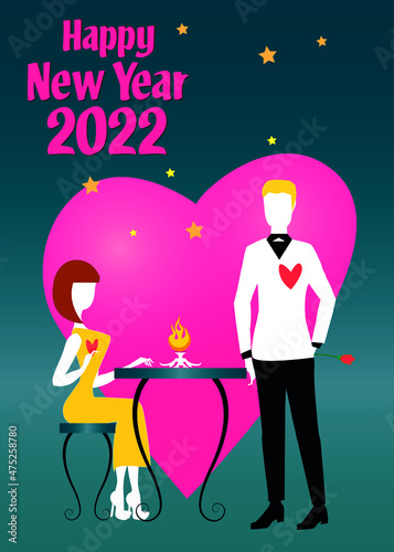 A woman in orange dress and white shoes, sitting at a table, is talking to her boyfriend in black and white suit during the 2022 New Year party