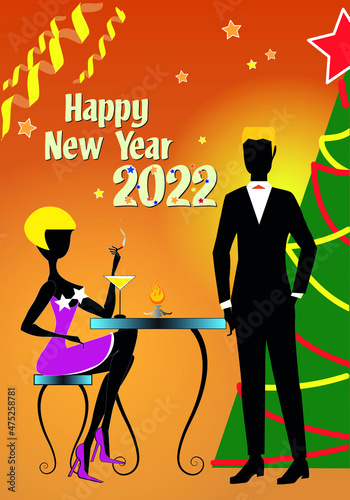 A blond woman in red dress and red shoes, sitting at a table and holding a cigarette, is talking to her boyfriend in black suit during the 2022 New Year party