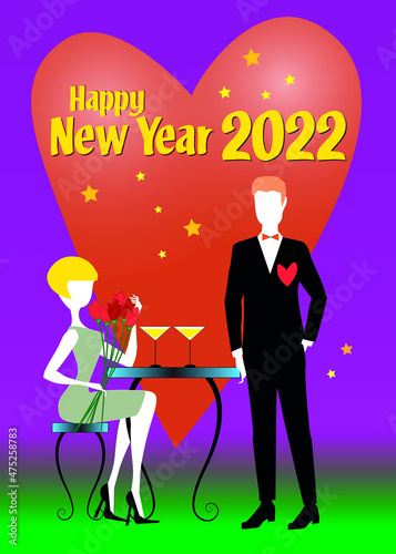 A blond woman in gray dress and black shoes, sitting at a table, holding flowers and drinking cocktails is talking to her boyfriend in black suit during the 2022 New Year 