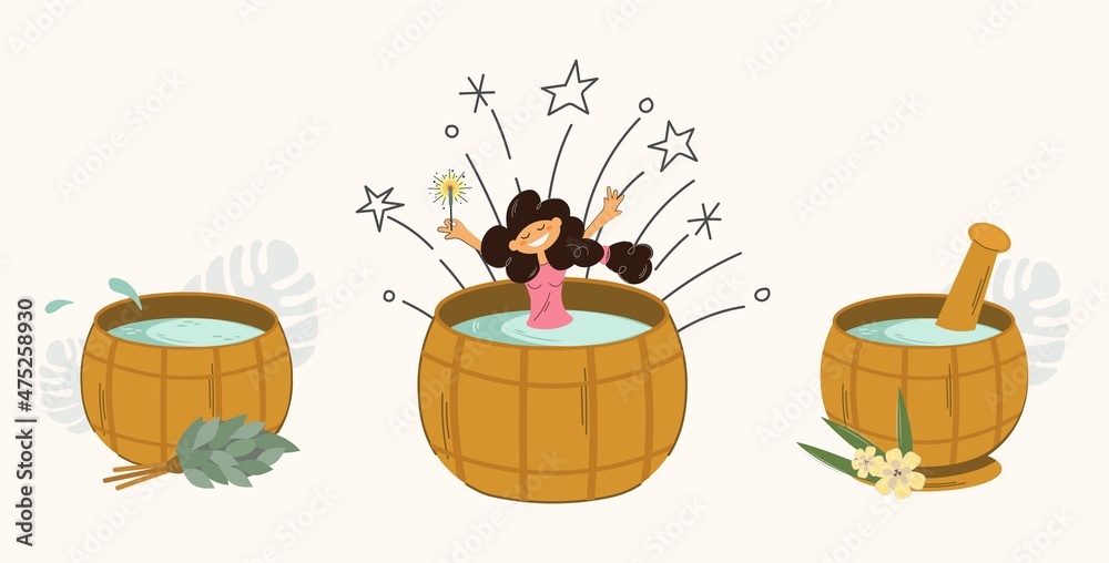 A set of three wooden tubs for the sauna as a gift. Water spoon and oak broom. Vector with a girl bathing in a font. Home spa treatments with benefit and pleasure. For advertising bath accessories. A set of three wooden tubs for the sauna as a gift. Water spoon and oak broom. Vector with a girl bathing in a font. Home spa treatments with benefit and pleasure. For advertising bath accessories.