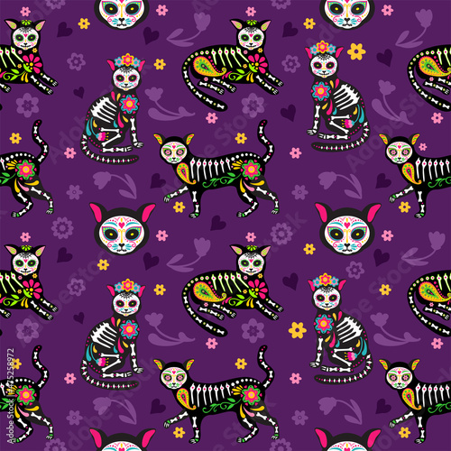 Seamless pattern with sugar Skull Calavera black cats Mexican style for Day of the Dead, Dia de Muertos. Cute cat sugar skulls and flowers on black background. Perfect for fabric or wrapping paper.