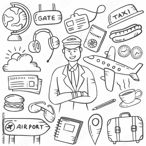 pilot doodle hand drawn set collections with outline black and white style