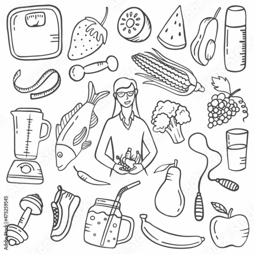 nutritionist doodle hand drawn set collections with outline black and white style