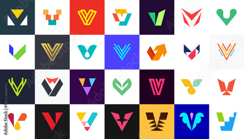 Abstract logos collection with letter V. Geometric abstract logos. Icon design 