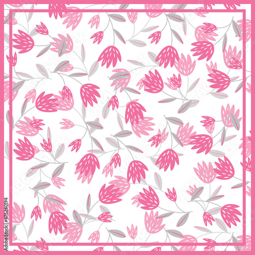 Print for kerchief, bandana, scarf, handkerchief, shawl, neck scarf. Squared pattern with ornament for fabric, textile, silk products. Paisley vector with flowers in nordic style.Floral folk tracery
