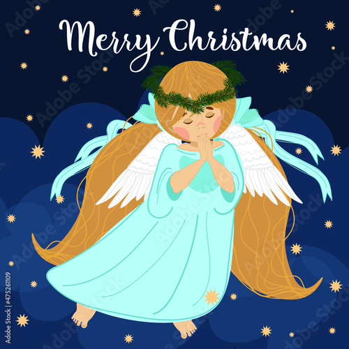 The picture shows an angel girl with long hair who prays in heaven. It can be used as a Christmas card.