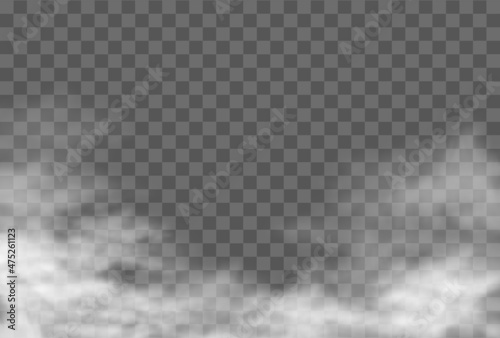 Vector realistic background. Clouds or fog on transparent background. Smoke mist effect, sky texture.