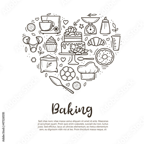 baking banner. Cute hand drawn kitchen tools and baked goods with desserts. vector illustration in black outline and white plane on white background.