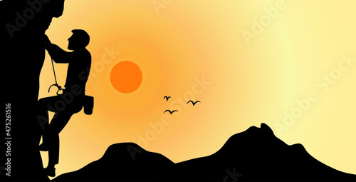 Man climbing rock mountain at the dusk vector illustration. Rock climbing silhouette