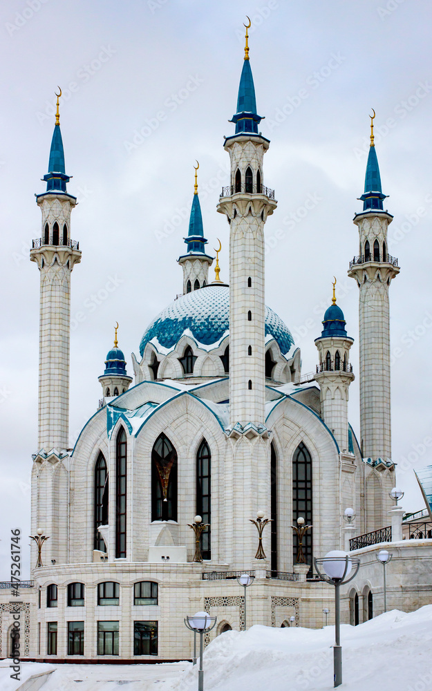 Kul Sharif Mosque, symbol of Kazan. Winter close view. Tatarstan, Rusia. History and architecture concept