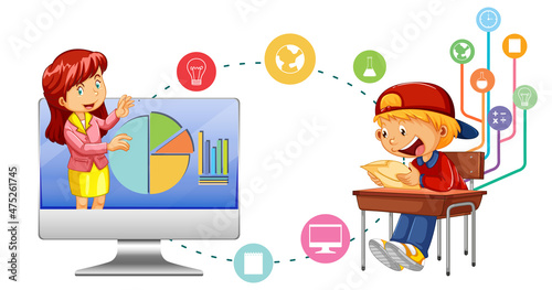 Young boy studying in front of computer