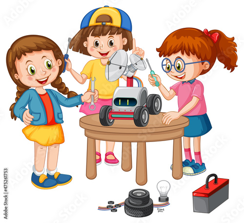 Children fixing toy car together on white background