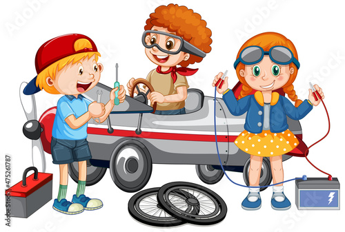 Children repairing a plane together