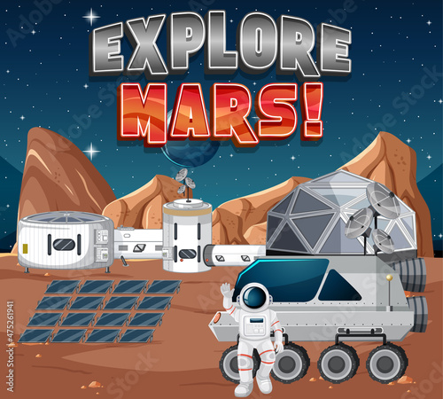 Space station on planet with Explore Mars logo