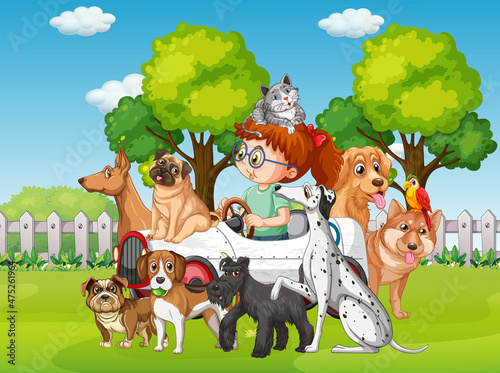 Park scene with a girl playing with her dogs
