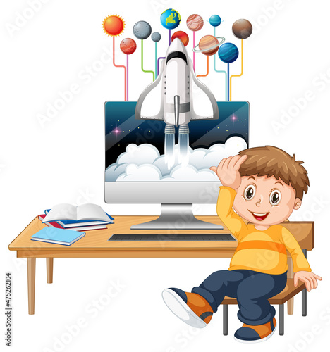 Young boy studying in front of computer