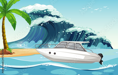 Beach scene with speed boat on sea wave