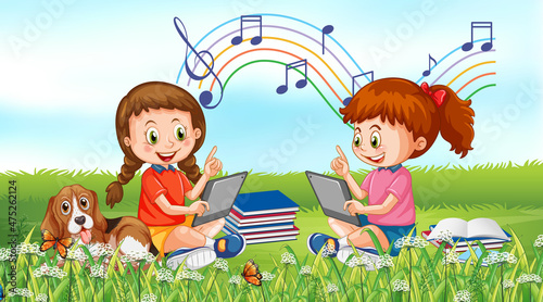 Park scene with children using technology devices