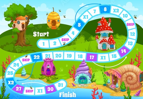 Kids board game with fairy elf houses and gnome dwellings. Vector boardgame with numbered block step path, beehive, mushroom, snail shell and flower homes. Walk puzzle for family and children activity