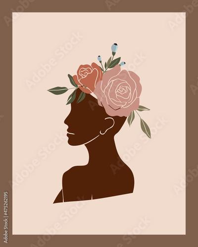 Vector abstract floral women portraits. International Women's Day. Minimalistic style with beautiful, confident black woman and bouquets. Perfect for interior design, page decoration, web and other