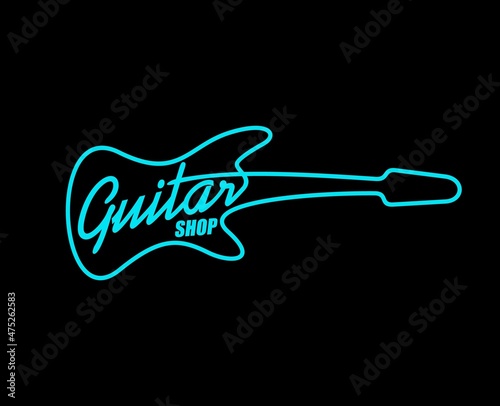 Acoustic guitar shop neon sign or vector icon. Musical store instrument blue glowing light signboard on black background, bright shining gas filled tube in shape of guitar with body and neck