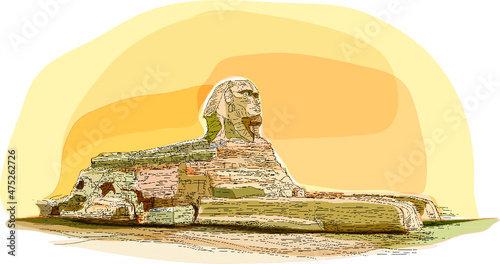 The Great Sphinx of Giza, a mythical creature with the head of a man, and the body of a lion.