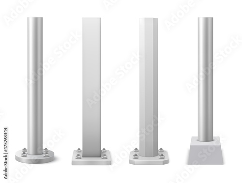 Metal steel poles and pillars. Realistic vector metallic columns screwed with bolts and screw-nut to massive round and square base. Architectural, industrial construction support poles