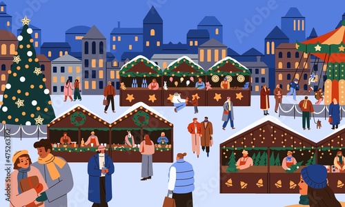 People shopping at street Christmas market. Winter holiday fair with stalls, kiosks decoration and Xmas tree on square of European city. Happy families and children lifestyle. Flat vector illustration