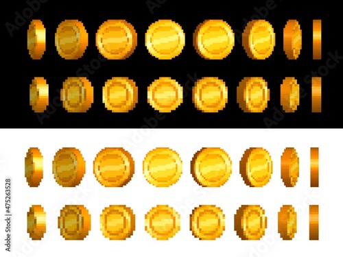Golden coin animation sprite frames. Pixel art 8bit game, money cash coins set. Vector retro pixel art bonus for arcade video game, gold 2d ui dollars, treasure assets graphic elements