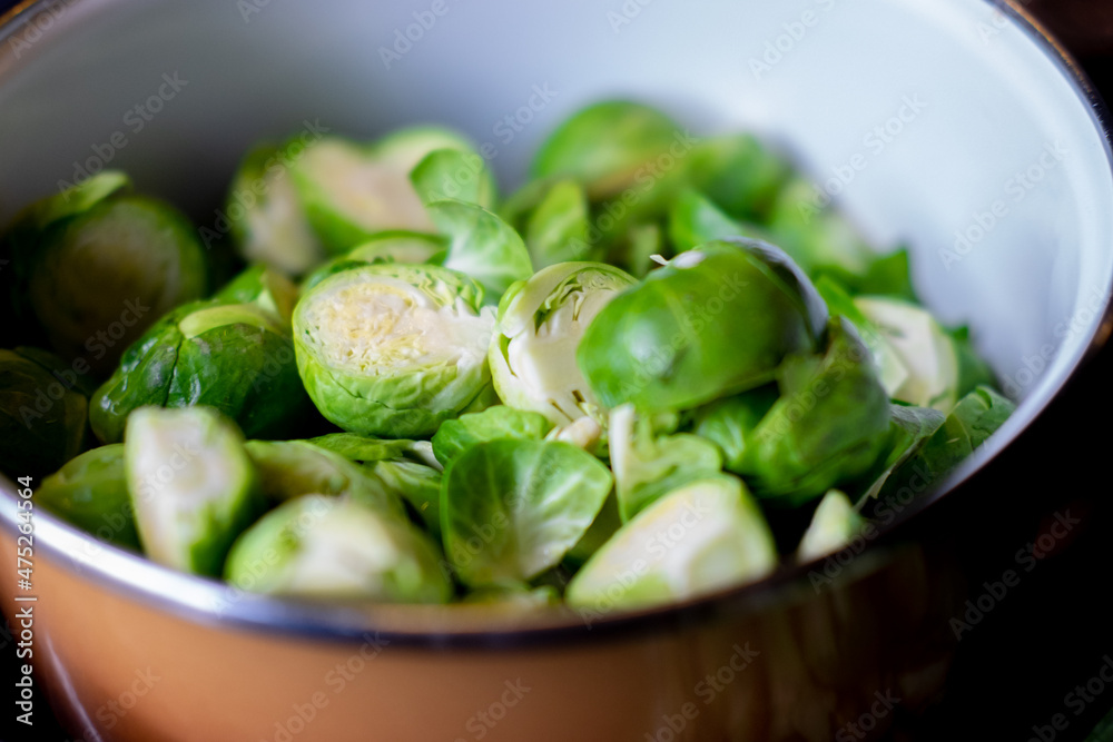 Brussel cabbage in a pot ready to cook Brussel cabbage in a pot ready to cook