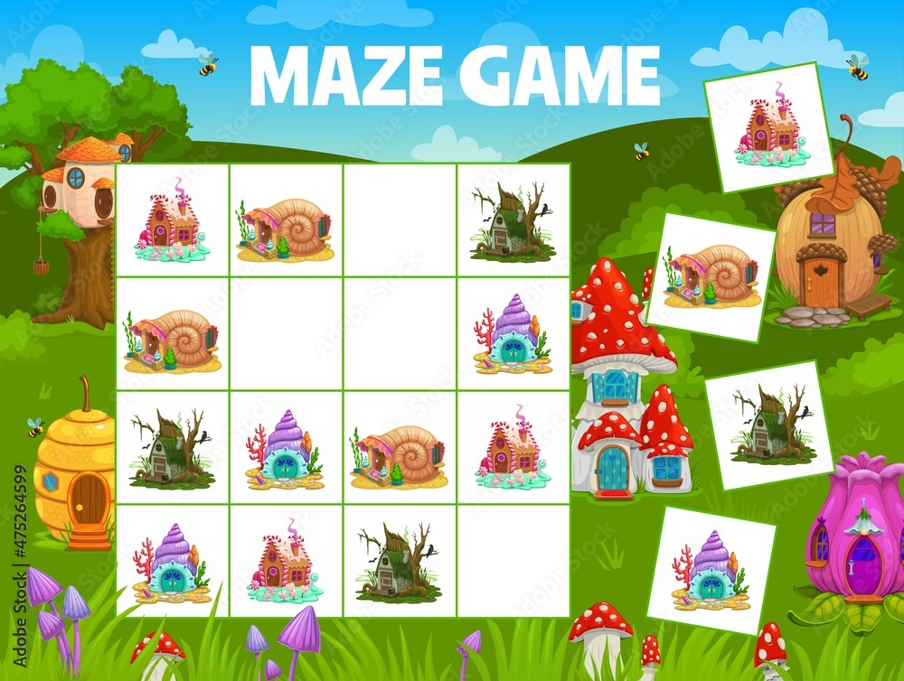 Fototapeta premium Sudoku kids maze with cartoon houses flower and acorn, shell, beehive, mushroom and caramel dwellings. Vector riddle worksheet, board game with fairy homes. Educational task, children teaser