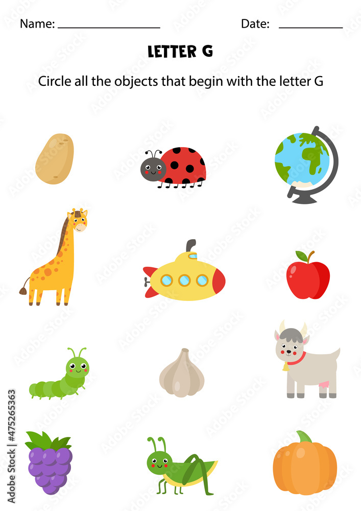 Letter recognition for kids. Circle all objects that start with G ...