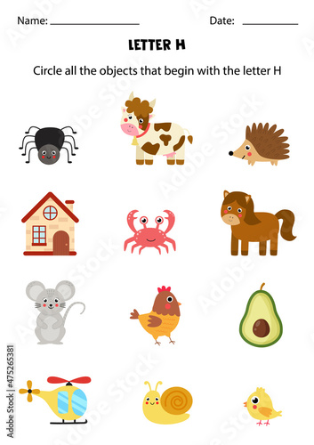 Fototapeta Naklejka Na Ścianę i Meble -  Letter recognition for kids. Circle all objects that start with H.
