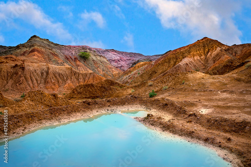 landscape of blue water lake and red mountains 