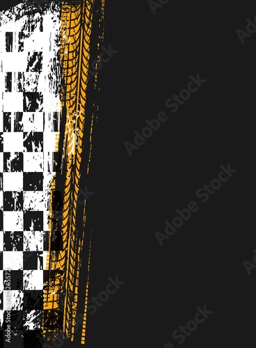 Obraz na plátně Rally sport background with grunge racing checker flag and tire cracks, vector truck trails