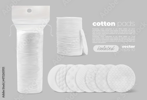 Round cotton pads, isolated and stacked pads for face makeup, beauty and skin care. 3d vector mockup of transparent plastic package or bag with white soft cosmetic discs, realistic hygiene products