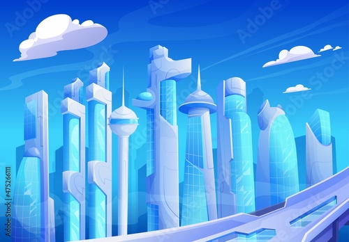 City of the future, futuristic cityscape. Fantasy skyscraper and tower blue glass buildings, metropolis. Vector skyline with road under cloudy sky, urban downtown landscape cartoon background