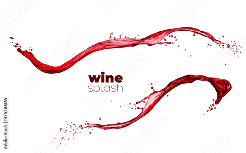 Red wine or juice wave flow with splatters, vector isolated realistic liquid swirl. Red fruit grape or cherry juice and red wine drink spill splash with pink flow wave of flowing sparkling fizzy drops