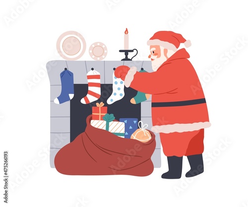 Santa Claus putting Christmas gifts into socks on fireplace. Old bearded man with bag of Xmas presents near home fireside with stockings. Flat vector illustration isolated on white background