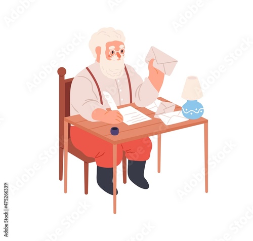 Santa Claus writing at table, answering Christmas letters. Old bearded character work with Xmas mail, New Year correspondence on winter holidays. Flat vector illustration isolated on white background © Good Studio