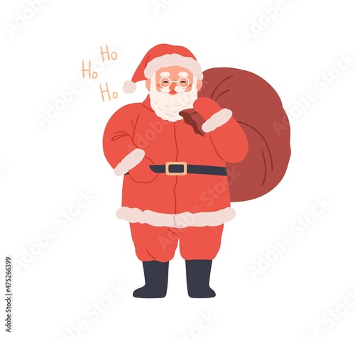 Happy Santa Claus with Christmas bag portrait. Merry laughing old bearded cha...