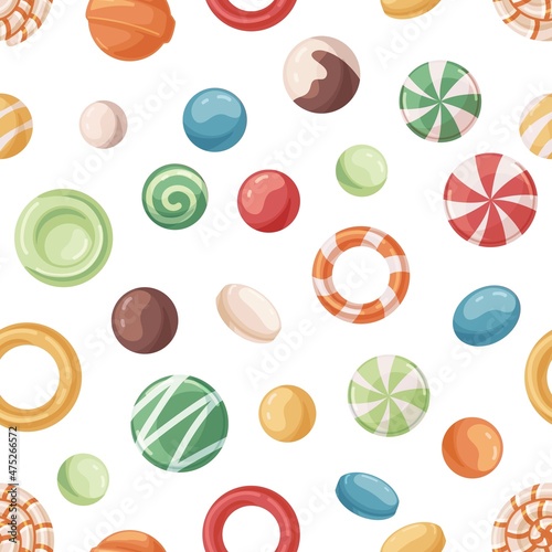 Candies pattern. Seamless repeating background with sweets. Endless design with confectionery print. Caramels, sugar suckers, lollies texture. Colorful flat graphic vector illustration for decoration