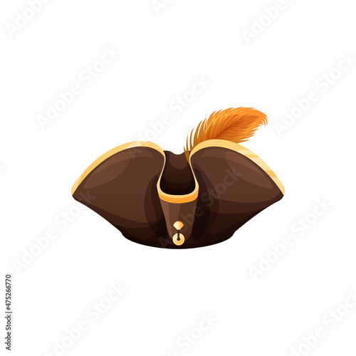 Pirate hat, caribbean captain headwear isolated sailor cap icon. Vector tricorn cocked hat, Halloween carnival head costume accessory, robber outfit with broad poles, seafarer headdress with feathers