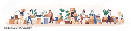 Office relocation concept. People with boxes moving to new location. Employees packing work supplies, things, stuff into cardboards to relocate. Flat vector illustration isolated on white background
