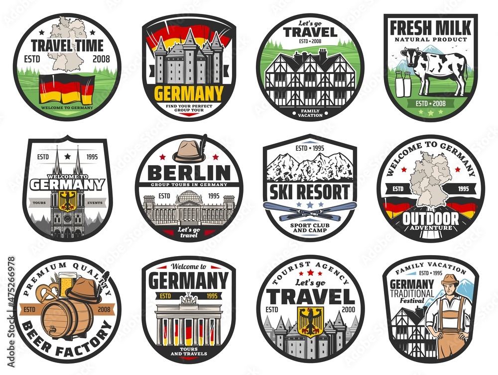 Germany travel icons, landmarks and culture vector symbols. Castle, Brandenburg gate and Reichstag building, bavarian, half-timbered house and milk cow on meadow, gothic church, ski resort and flag