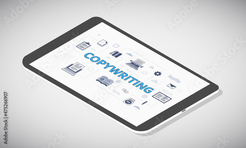 copywriting or copywriter concept on tablet screen with isometric 3d style