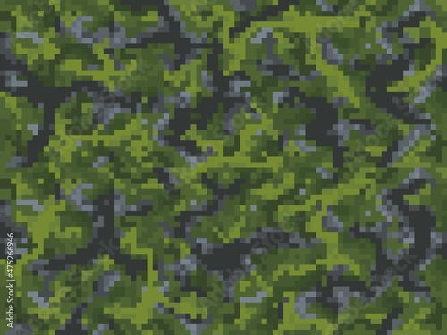 Khaki camouflage pixel game cubic background pattern with grass and ground blocks. 8bit pixels or computer game level for craft underground, camouflage cubic blocks vector background © Vector Tradition