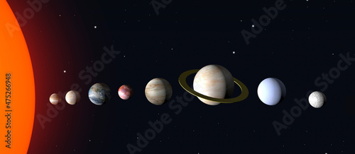 Solar system of planets in space 3d. The sun, Earth, Mars, Jupiter and other space objects against the background of the black starry space of the universe. Astranomy, education, science concept. photo