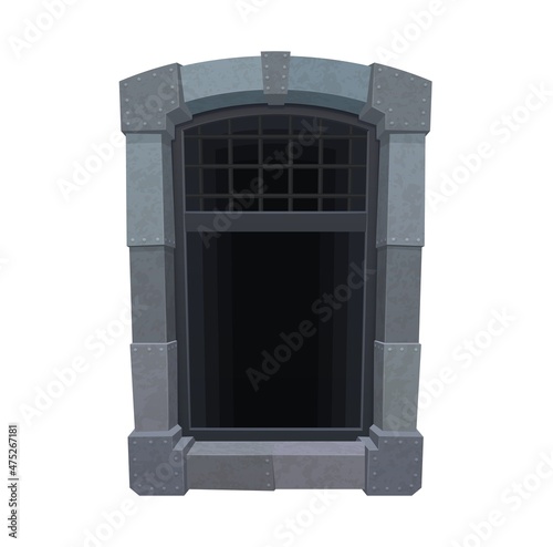 Cartoon medieval window of prison, jail cell or wall cage with metal grate. Prison dungeon isolated window with iron bars, castle tower or fortress jail vector gates with stones bricks